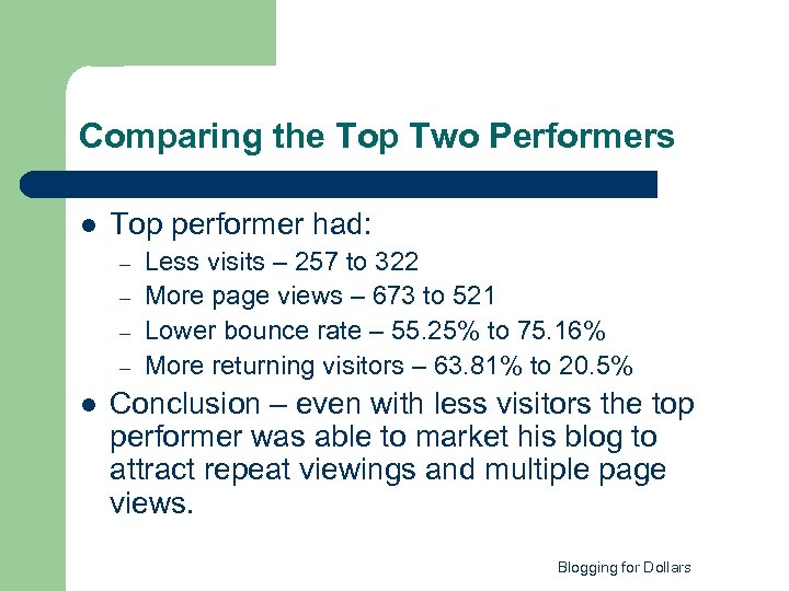 Comparing the Top Two Performers l Top performer had: – – l Less visits