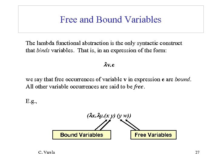 Free and Bound Variables The lambda functional abstraction is the only syntactic construct that