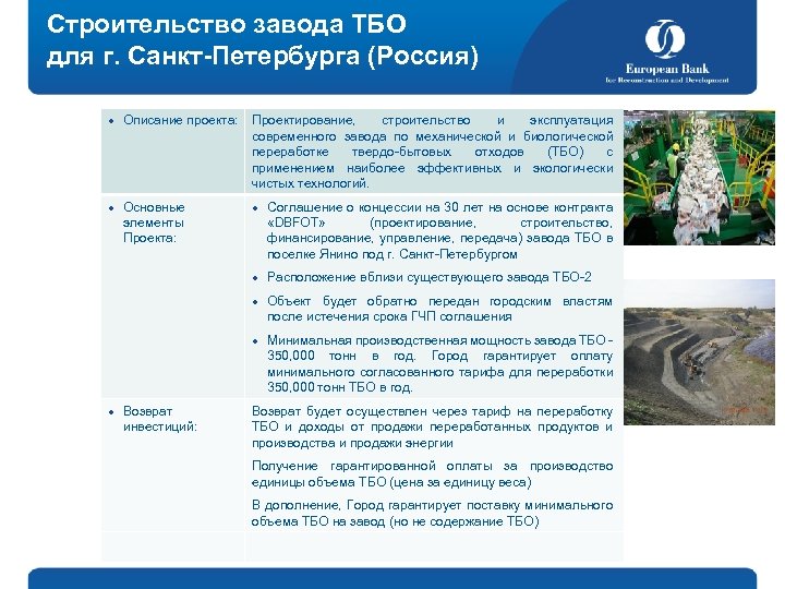 Строительство завода ТБО для г. Санкт-Петербурга (Россия) l l Описание проекта: Основные элементы Проекта: