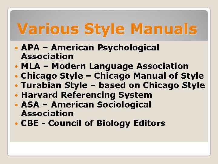 Various Style Manuals APA – American Psychological Association MLA – Modern Language Association Chicago