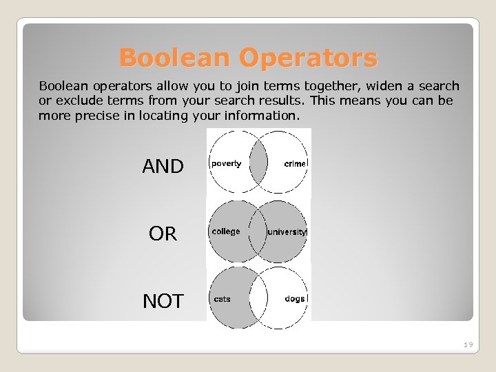Boolean Operators Boolean operators allow you to join terms together, widen a search or