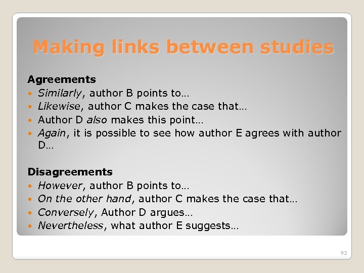Making links between studies Agreements Similarly, author B points to… Likewise, author C makes