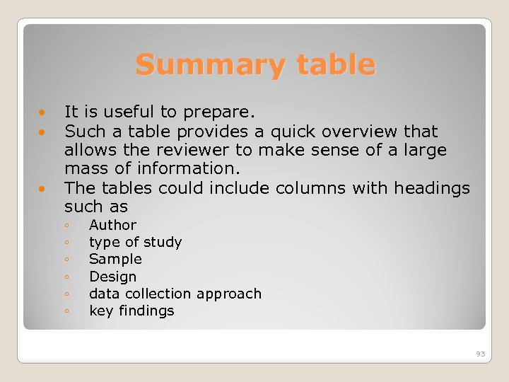 Summary table It is useful to prepare. Such a table provides a quick overview