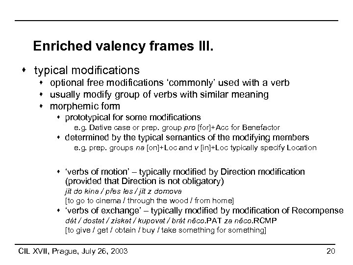 Enriched valency frames III. s typical modifications s optional free modifications ‘commonly’ used with