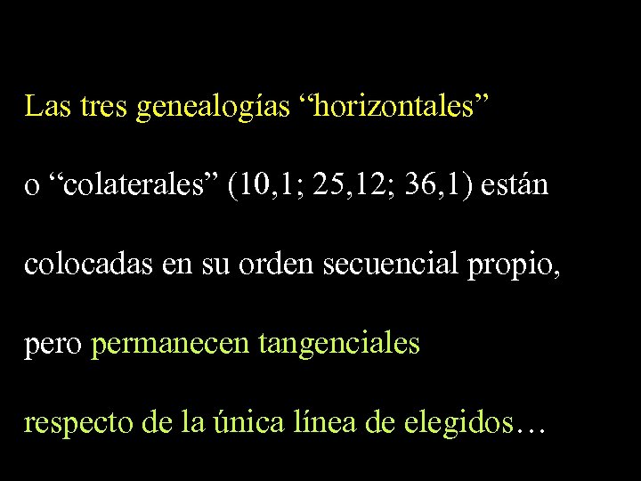 Las tres genealogías “horizontales” o “colaterales” (10, 1; 25, 12; 36, 1) están colocadas