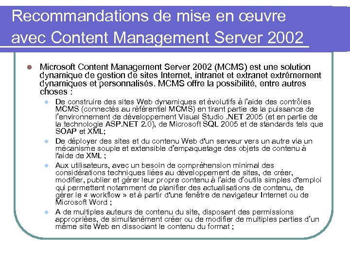 Recommandations de mise en œuvre avec Content Management Server 2002 l Microsoft Content Management