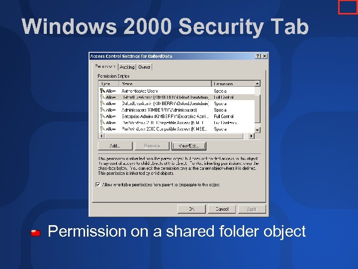 Windows 2000 Security Tab Permission on a shared folder object 