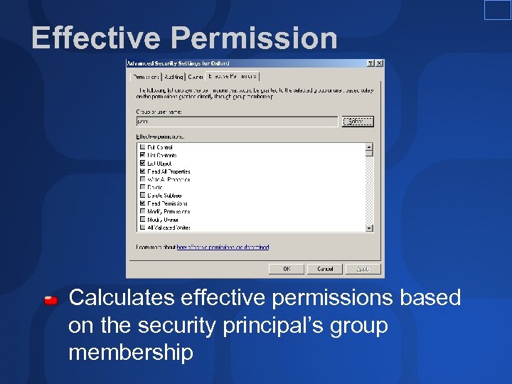 Effective Permission Calculates effective permissions based on the security principal’s group membership 