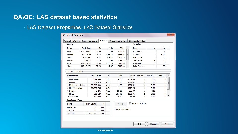 QAQC: LAS dataset based statistics • LAS Dataset Properties: LAS Dataset Statistics Managing Lidar
