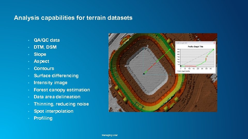 Analysis capabilities for terrain datasets • QA/QC data • DTM, DSM • Slope •