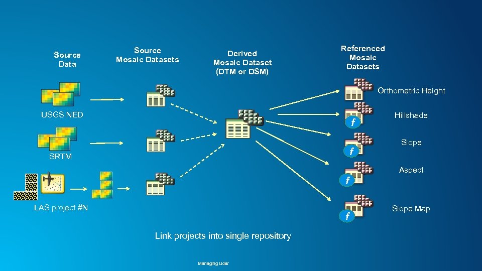 Source Data Source Mosaic Datasets Derived Mosaic Dataset (DTM or DSM) Referenced Mosaic Datasets