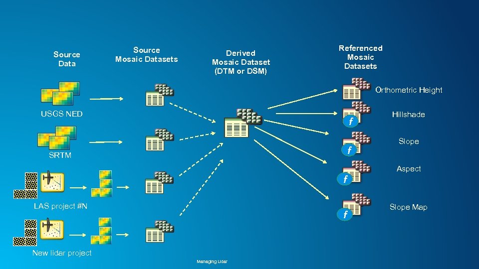 Source Data Source Mosaic Datasets Derived Mosaic Dataset (DTM or DSM) Referenced Mosaic Datasets