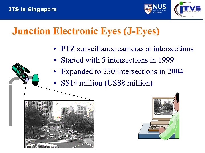 ITS in Singapore Junction Electronic Eyes (J-Eyes) • • PTZ surveillance cameras at intersections