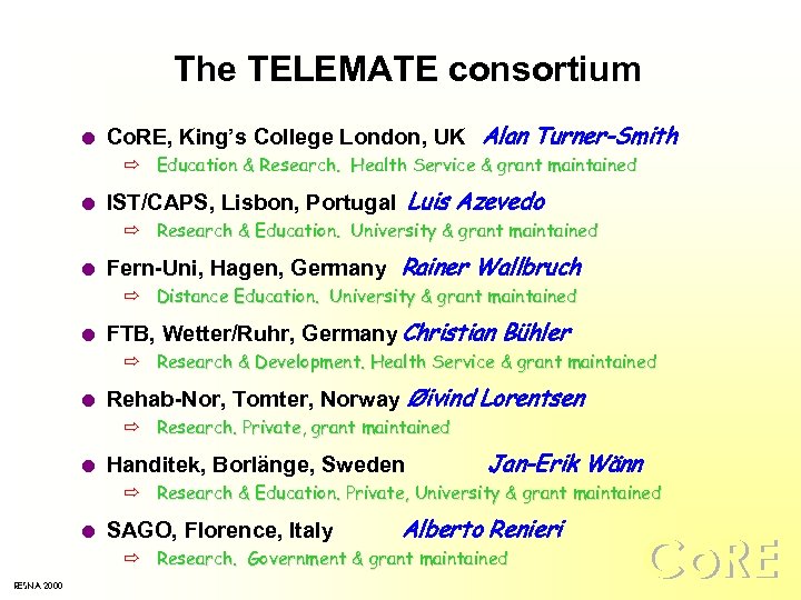 The TELEMATE consortium l Co. RE, King’s College London, UK Alan Turner-Smith ï Education
