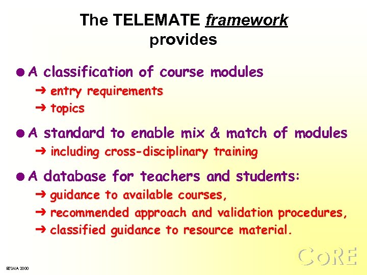 The TELEMATE framework provides l. A classification of course modules Ô entry requirements Ô