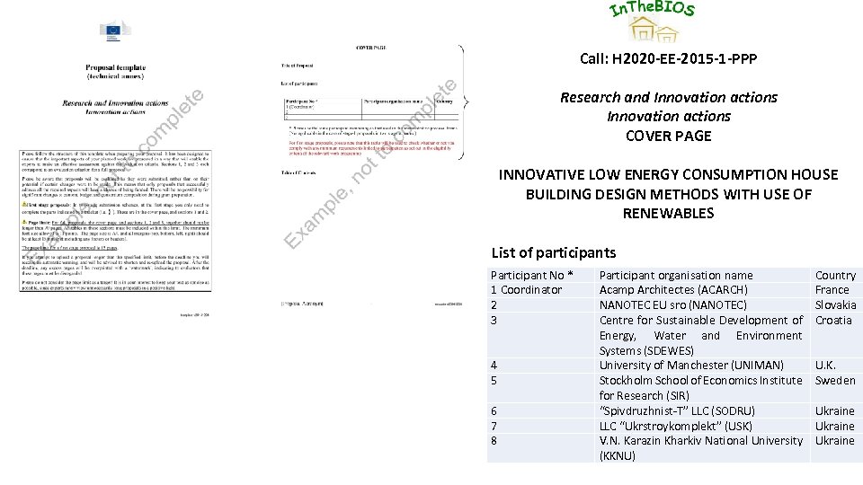 Call: H 2020 -EE-2015 -1 -PPP Research and Innovation actions COVER PAGE INNOVATIVE LOW
