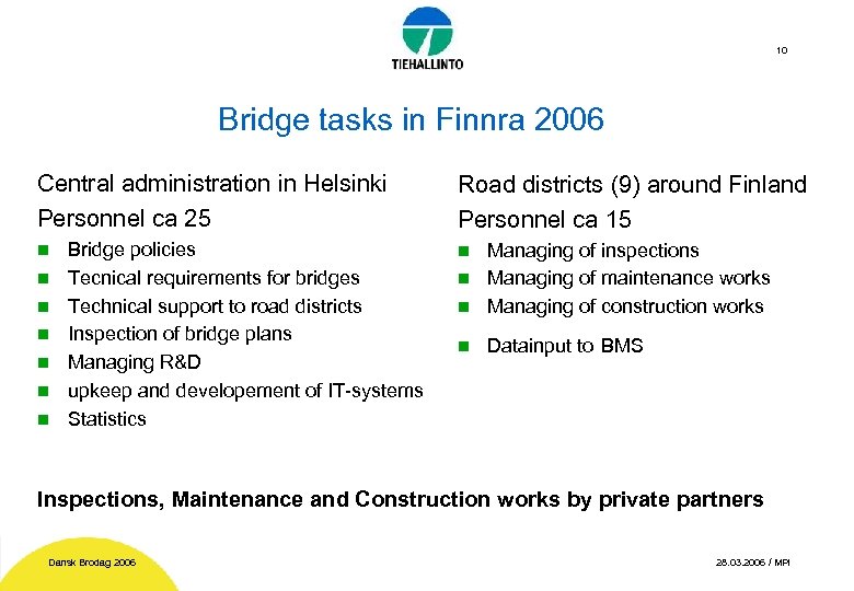 10 Bridge tasks in Finnra 2006 Central administration in Helsinki Personnel ca 25 n