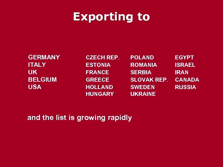 Exporting to GERMANY ITALY UK BELGIUM USA CZECH REP. ESTONIA FRANCE GREECE HOLLAND HUNGARY