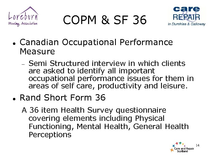 COPM & SF 36 Canadian Occupational Performance Measure Semi Structured interview in which clients