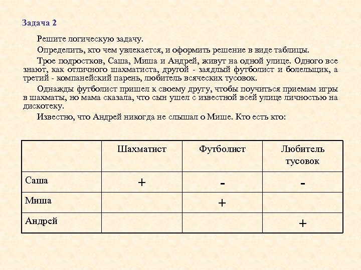 Задача 2 Решите логическую задачу. Определить, кто чем увлекается, и оформить решение в виде