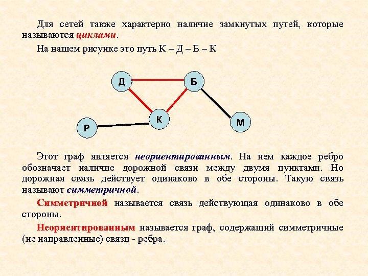 Для сетей также характерно наличие замкнутых путей, которые называются циклами. На нашем рисунке это