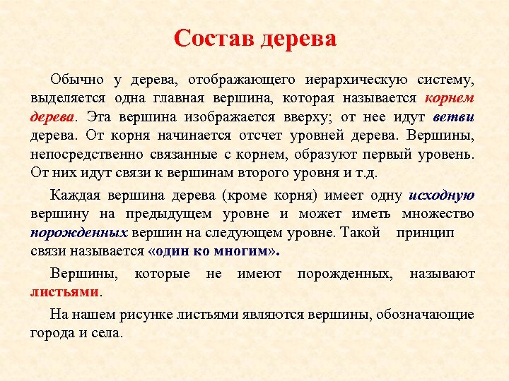 Состав дерева Обычно у дерева, отображающего иерархическую систему, выделяется одна главная вершина, которая называется