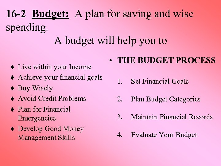 16 -2 Budget: A plan for saving and wise spending. A budget will help