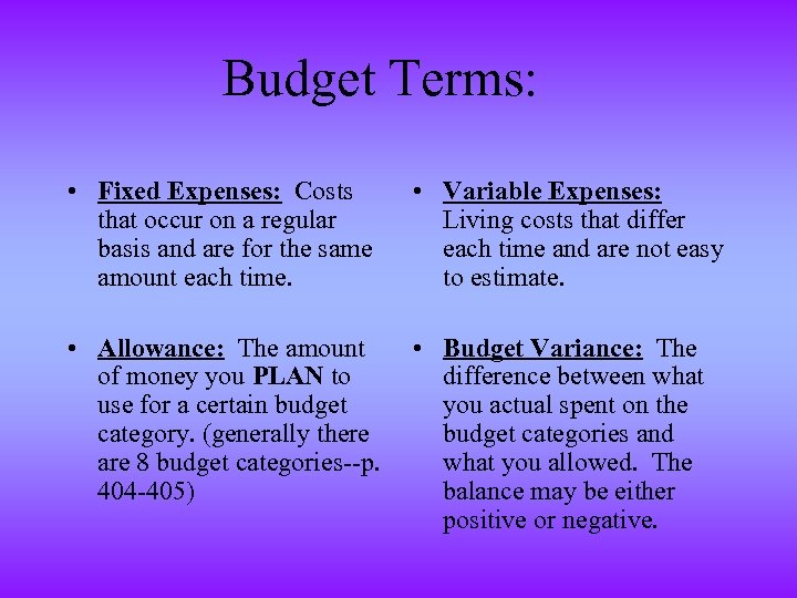 Budget Terms: • Fixed Expenses: Costs that occur on a regular basis and are