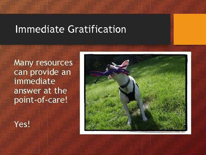 Immediate Gratification Many resources can provide an immediate answer at the point-of-care! Yes! 