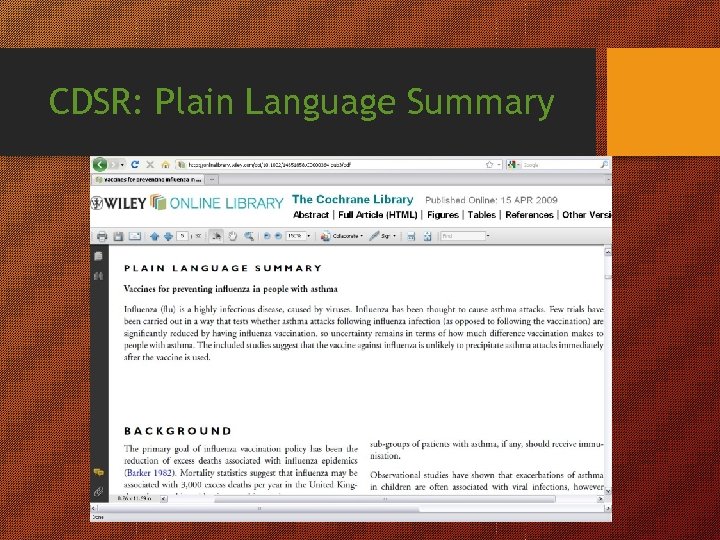 CDSR: Plain Language Summary 