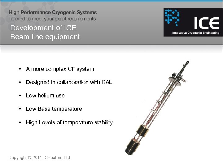 Development of ICE Beam line equipment • A more complex CF system • Designed