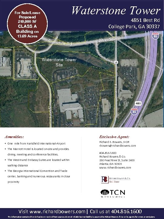 Waterstone Tower For Sale/Lease Proposed 250, 000 SF 4851 Best Rd College Park, GA