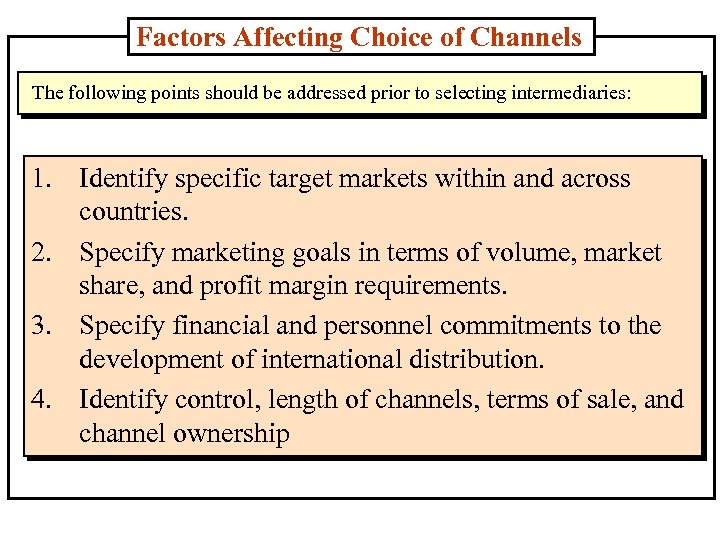 Factors Affecting Choice of Channels The following points should be addressed prior to selecting