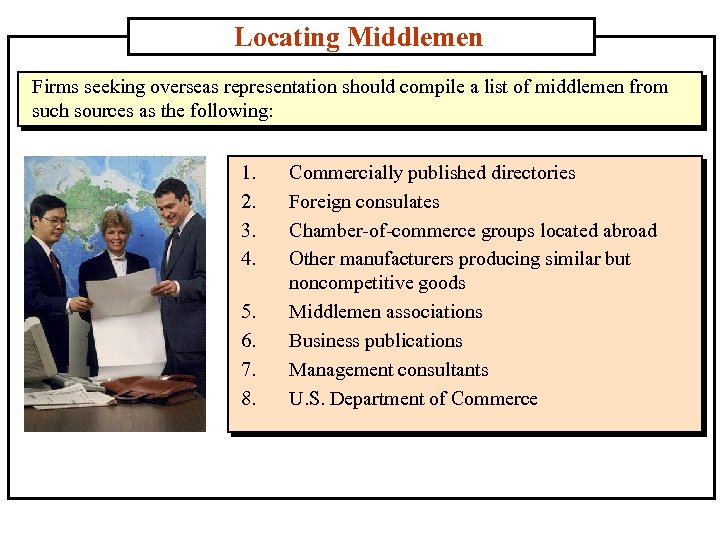 Locating Middlemen Firms seeking overseas representation should compile a list of middlemen from such