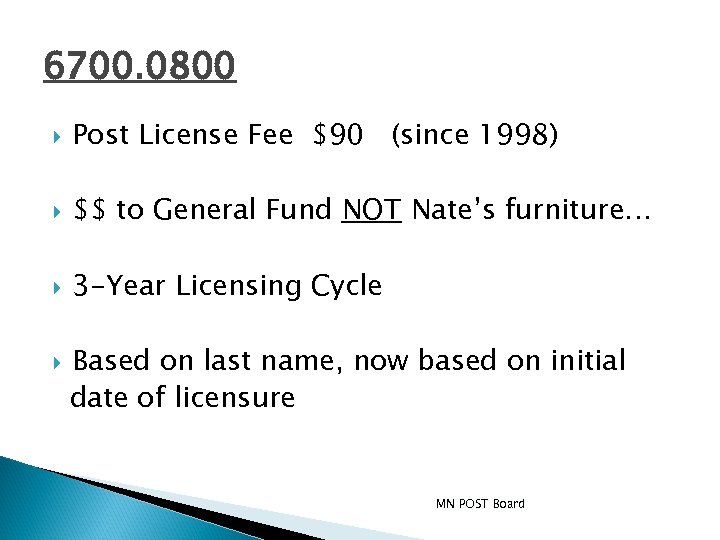 6700. 0800 Post License Fee $90 (since 1998) $$ to General Fund NOT Nate’s