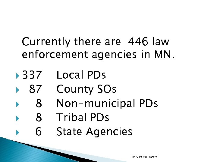 Currently there are 446 law enforcement agencies in MN. 337 87 8 8 6