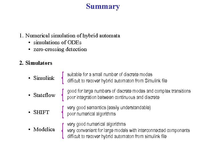 Summary 1. Numerical simulation of hybrid automata • simulations of ODEs • zero-crossing detection