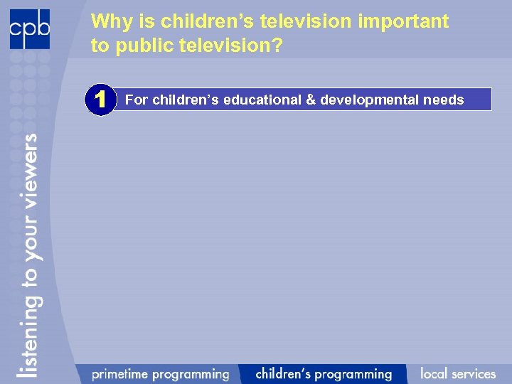 Why is children’s television important to public television? 1 For children’s educational & developmental