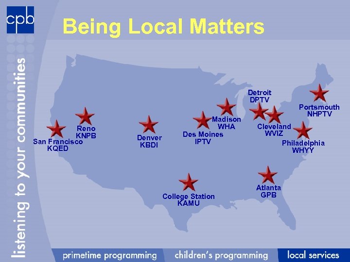 Being Local Matters Detroit DPTV Reno KNPB San Francisco KQED Denver KBDI Madison WHA