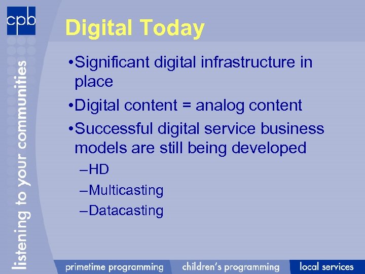 Digital Today • Significant digital infrastructure in place • Digital content = analog content