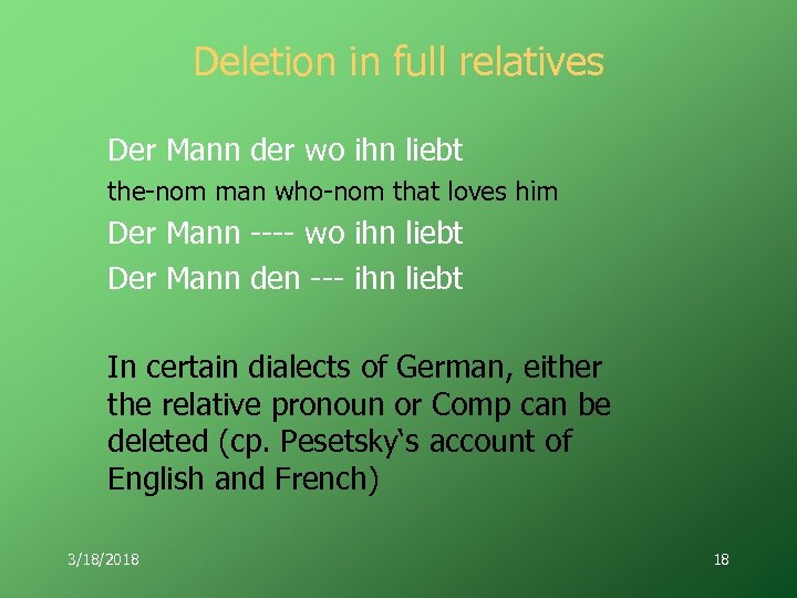 Deletion in full relatives Der Mann der wo ihn liebt the-nom man who-nom that