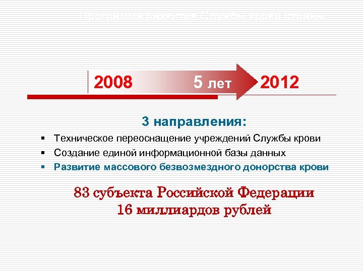 Программа развития Службы крови страны 2008 5 лет 2012 3 направления: § Техническое переоснащение