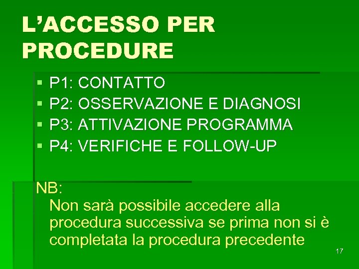 L’ACCESSO PER PROCEDURE § § P 1: CONTATTO P 2: OSSERVAZIONE E DIAGNOSI P