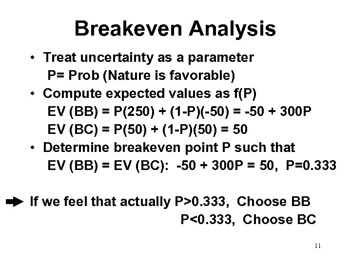 Breakeven Analysis • Treat uncertainty as a parameter P= Prob (Nature is favorable) •