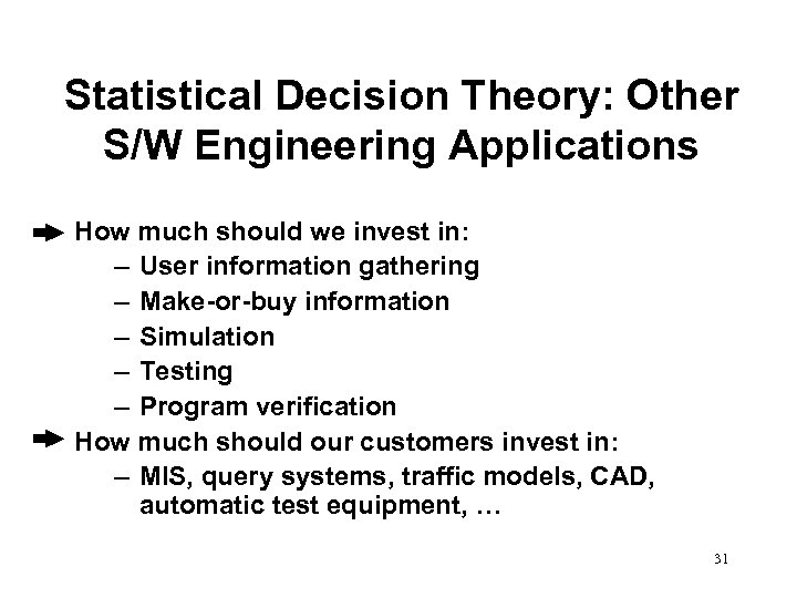 Statistical Decision Theory: Other S/W Engineering Applications How much should we invest in: –