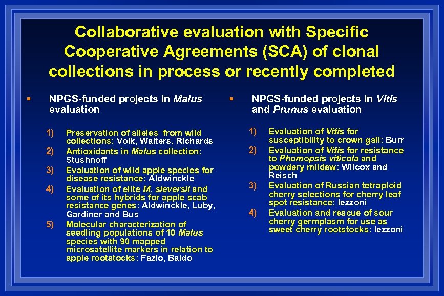 Collaborative evaluation with Specific Cooperative Agreements (SCA) of clonal collections in process or recently