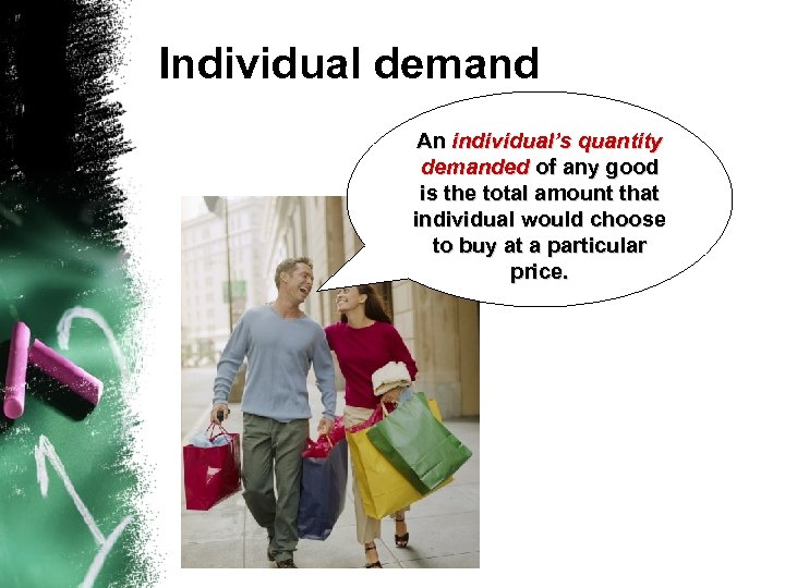 Individual demand An individual’s quantity demanded of any good is the total amount that