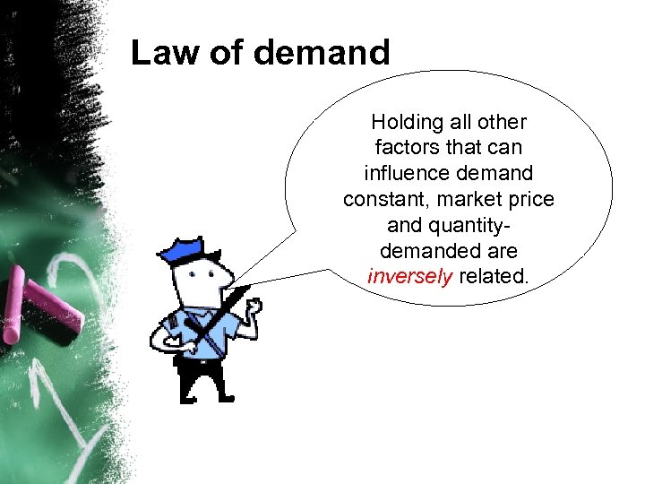 Law of demand Holding all other factors that can influence demand constant, market price