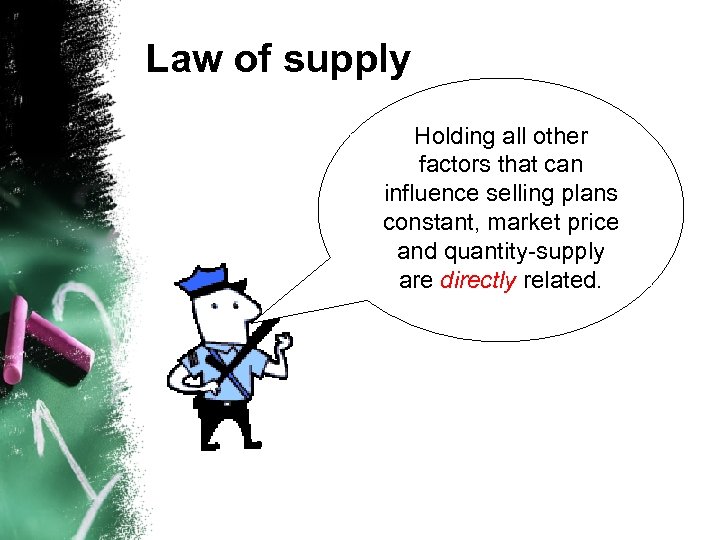 Law of supply Holding all other factors that can influence selling plans constant, market