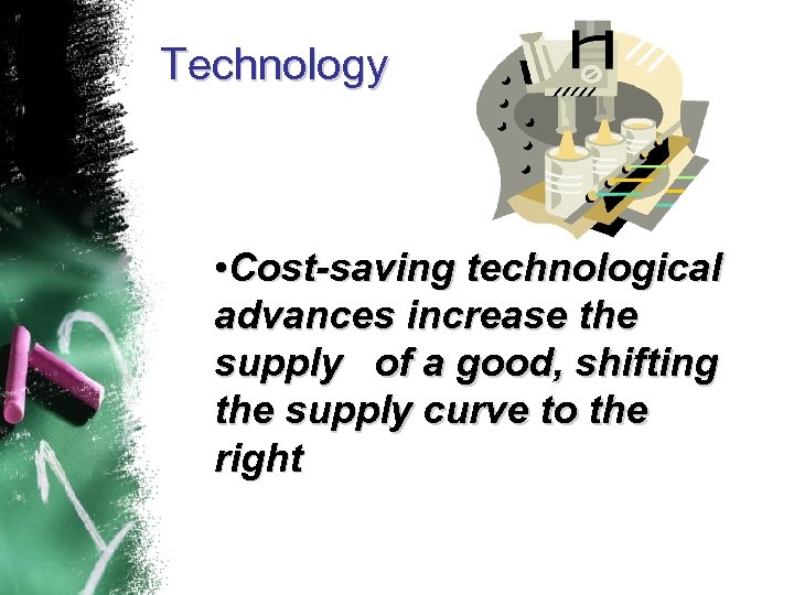 Technology • Cost-saving technological advances increase the supply of a good, shifting the supply